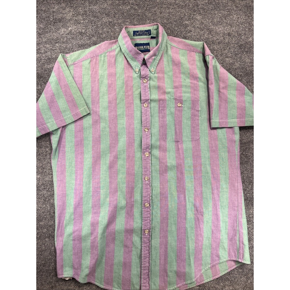 VTG 80s 90s Harbor Bay Pastel Striped Short Sleeve Button Down Shirt LT Tall